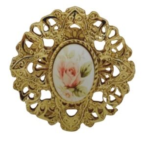 Vintage 1928 Victorian Guilloche Enamel Pink Rose Filigree Gold Tone Brooch Pin
